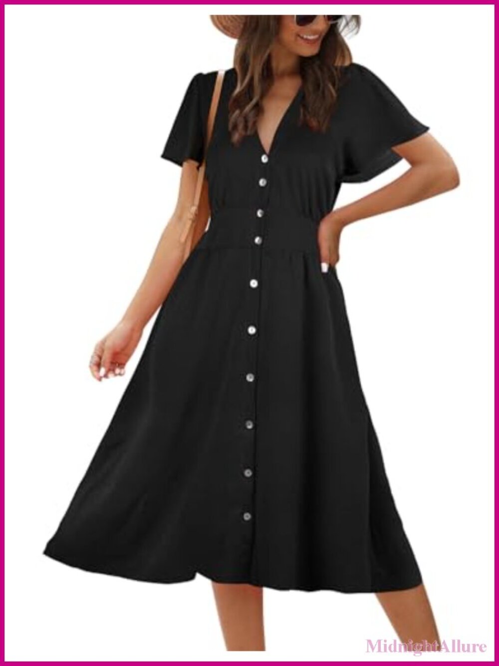 Women's Floral Button Up Midi Dress V Neck Short Sleeve Pockets